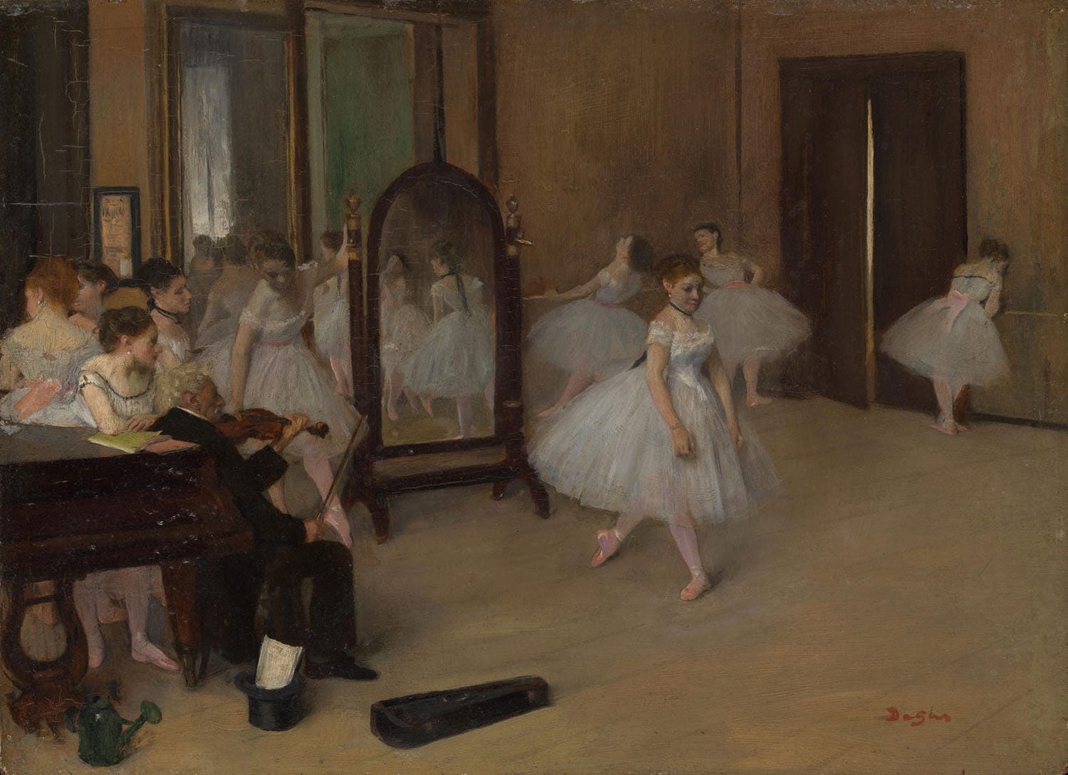 „The Dancing Class“ von Edgar Degas zeigt eine Tanzstunde, in der Balletttänzerinnen unter der Anleitung eines männlichen Tanzmeisters üben. Das Gemälde fängt die Dynamik der Tänzerinnen und die konzentrierte Atmosphäre der Tanzklasse ein.