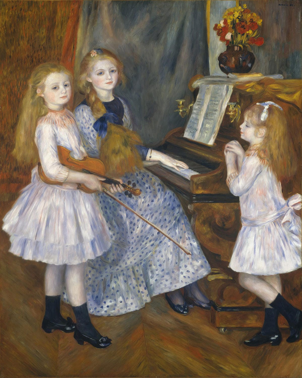 Das Gemälde "Die Töchter von Catulle Mendès" von Pierre-Auguste Renoir zeigt die drei Töchter des Dichters Catulle Mendès in einem impressionistischen Porträt. Mit lebendigen Farben und zarten Pinselstrichen fängt Renoir die Schönheit und Grazie der Frauen in einem eleganten, klassischen Stil ein.