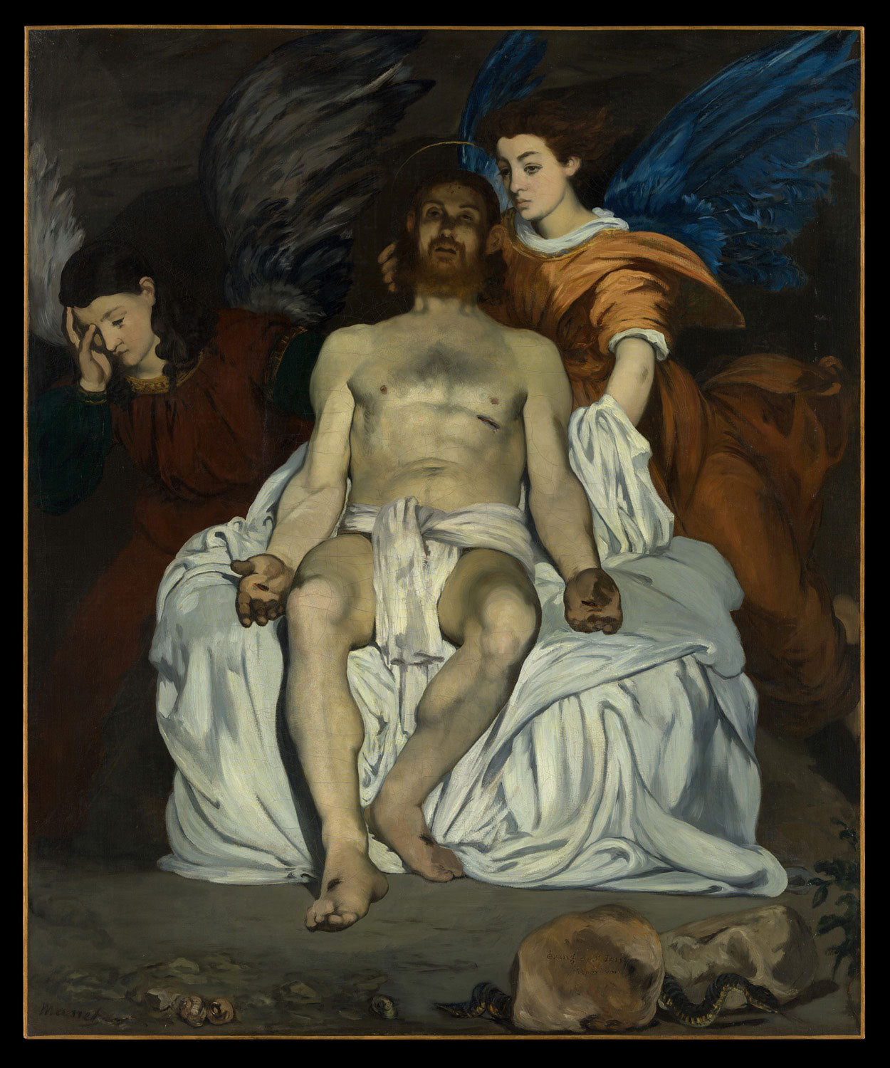 „Der tote Christus mit Engeln“ von Édouard Manet zeigt den toten Christus, umgeben von Engelsgestalten, in einer dramatischen und emotionalen Szene. Manets klare Darstellung und der Kontrast zwischen Licht und Schatten verleihen dem Werk eine kraftvolle, moderne Interpretation biblischer Thematik.