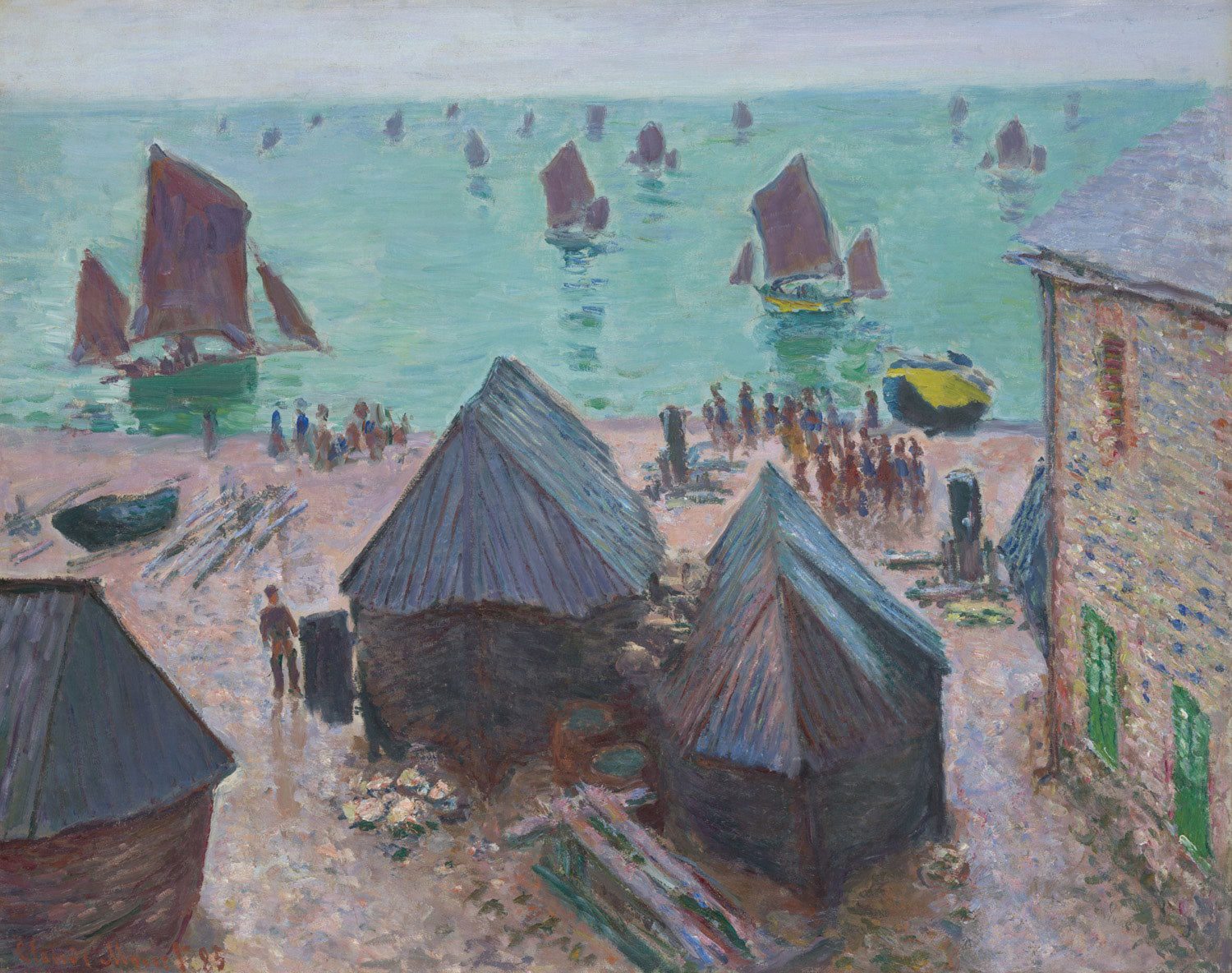 Ein impressionistisches Gemälde von Claude Monet mit Blick auf die Küste von Varengeville. Fischerboote segeln auf dem ruhigen, türkisfarbenen Meer, während kleine Hütten und ein Zollhaus im Vordergrund zu sehen sind. Lebendige Farben und sanfte Pinselstriche schaffen eine harmonische und atmosphärische Darstellung.
