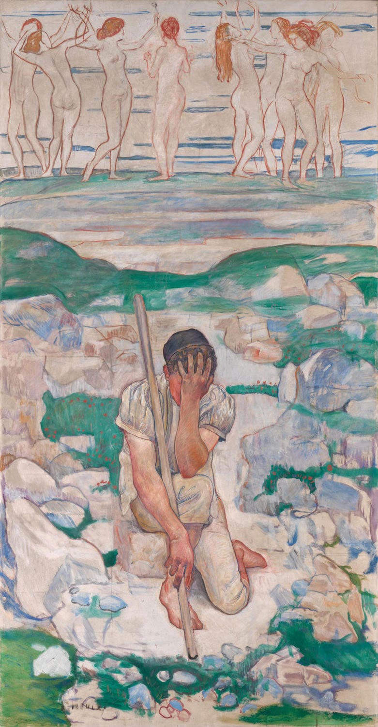 „Der Traum des Hirten“ von Ferdinand Hodler zeigt einen Hirten in einer traumhaften, majestätischen Berglandschaft, umgeben von spirituellen Symbolen. Mit klaren Linien und einer tiefen Farbpalette vermittelt das Gemälde eine mystische Atmosphäre und den Übergang zwischen Realität und Vision.
