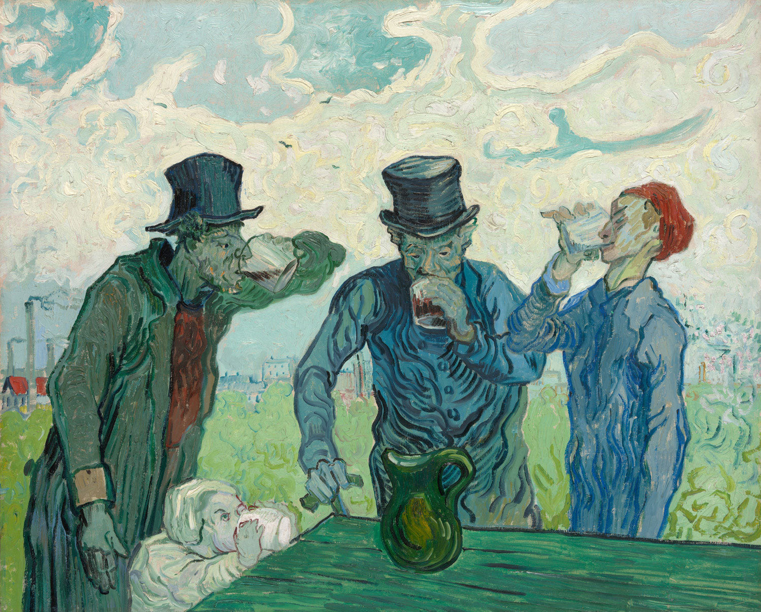 Das Gemälde The Drinkers von Vincent van Gogh zeigt eine Gruppe von Männern in einer Kneipe, die in einem entspannten Moment zusammen ein alkoholisches Getränk genießen. Die Männer sind in lockerer Atmosphäre dargestellt, umgeben von intensiven Farben und kräftigen Pinselstrichen, die van Goghs charakteristischen Stil widerspiegeln. Die Szene fängt die Stimmung des späten 19. Jahrhunderts und die Emotionen der Figuren ein.