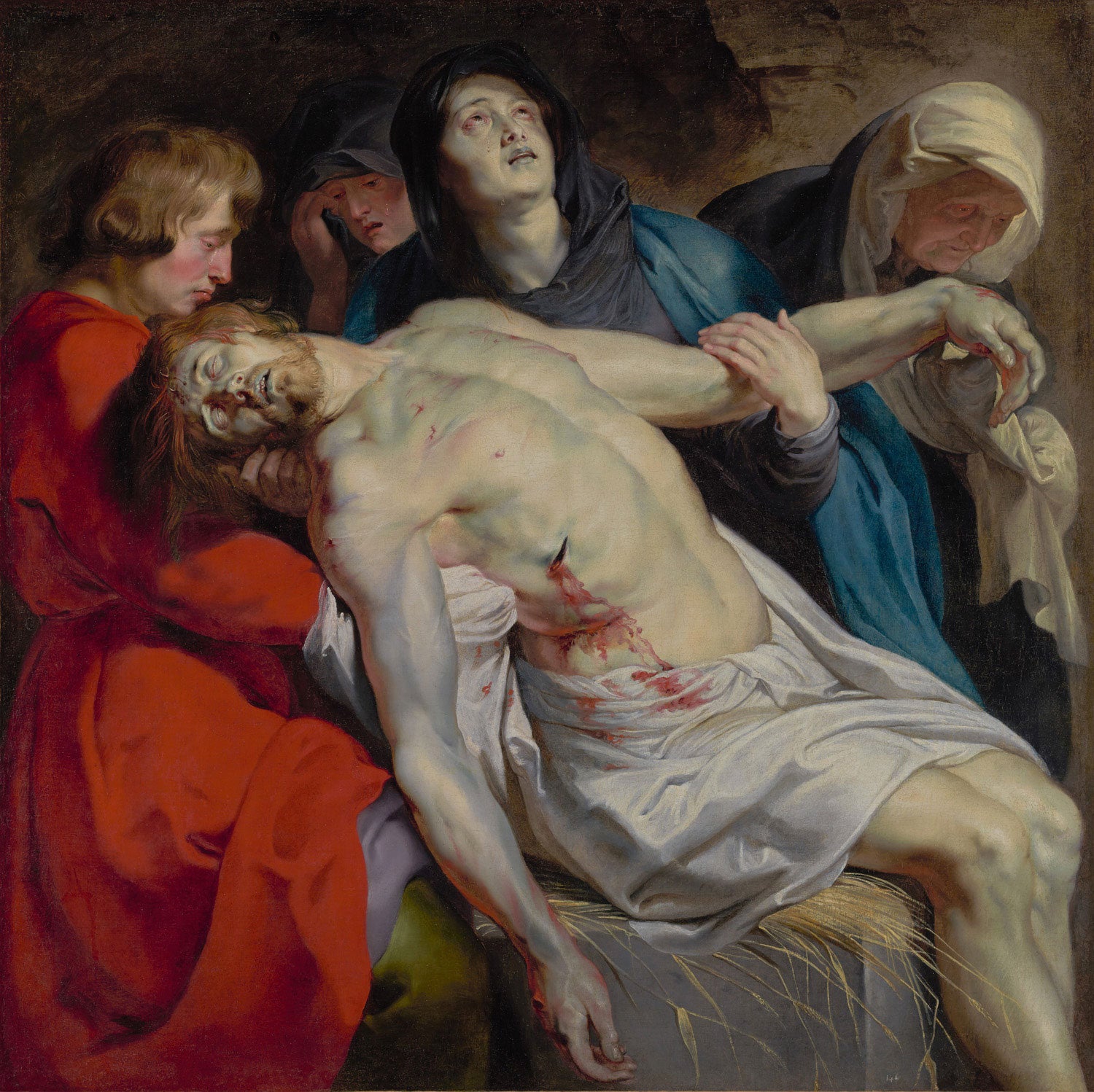 Das Gemälde "Die Grablegung" von Peter Paul Rubens zeigt den Moment, in dem der Leichnam Jesu vom Kreuz abgenommen und in das Grab gelegt wird. Die Szene ist von tiefer Trauer und emotionaler Intensität geprägt, mit lebendigen Figuren und dramatischem Spiel von Licht und Schatten.