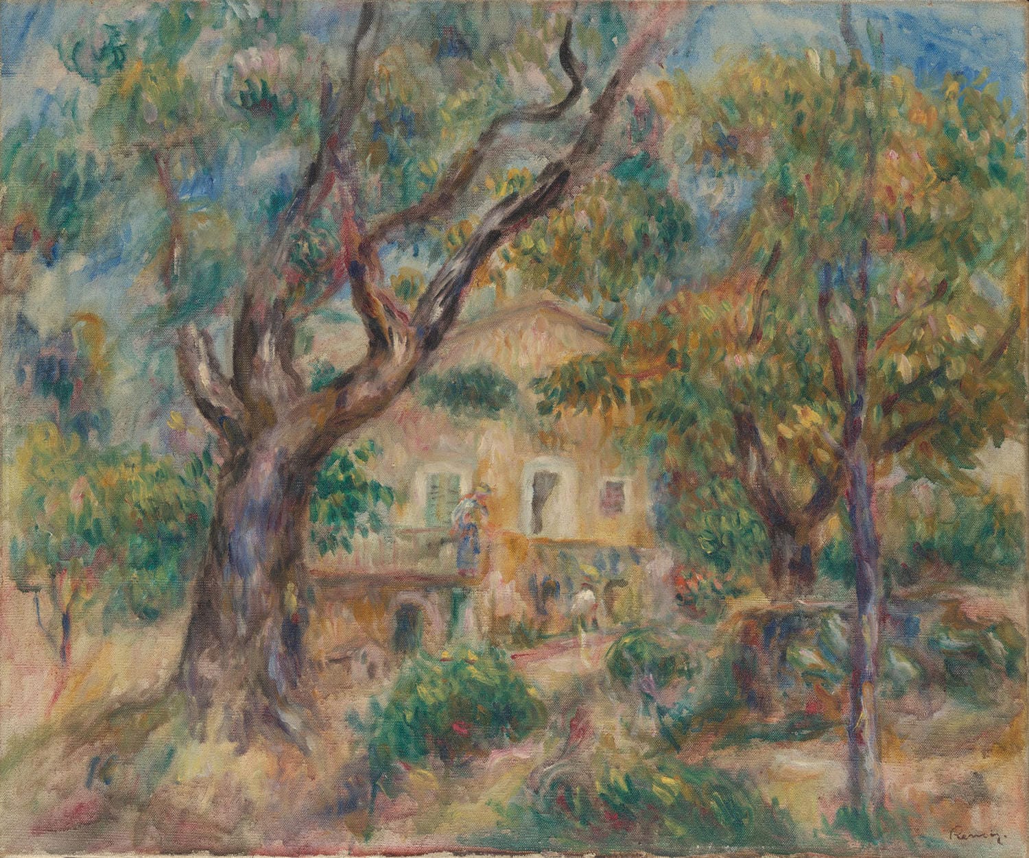 Das Gemälde „Der Bauernhof in Les Collettes, Cagnes“ von Pierre-Auguste Renoir zeigt die ländliche Idylle von Cagnes-sur-Mer, eingefangen in sanften Farben und natürlichem Licht. Es veranschaulicht die Schönheit der Provence mit ruhigen, malerischen Szenen der Umgebung und der einfachen ländlichen Architektur.