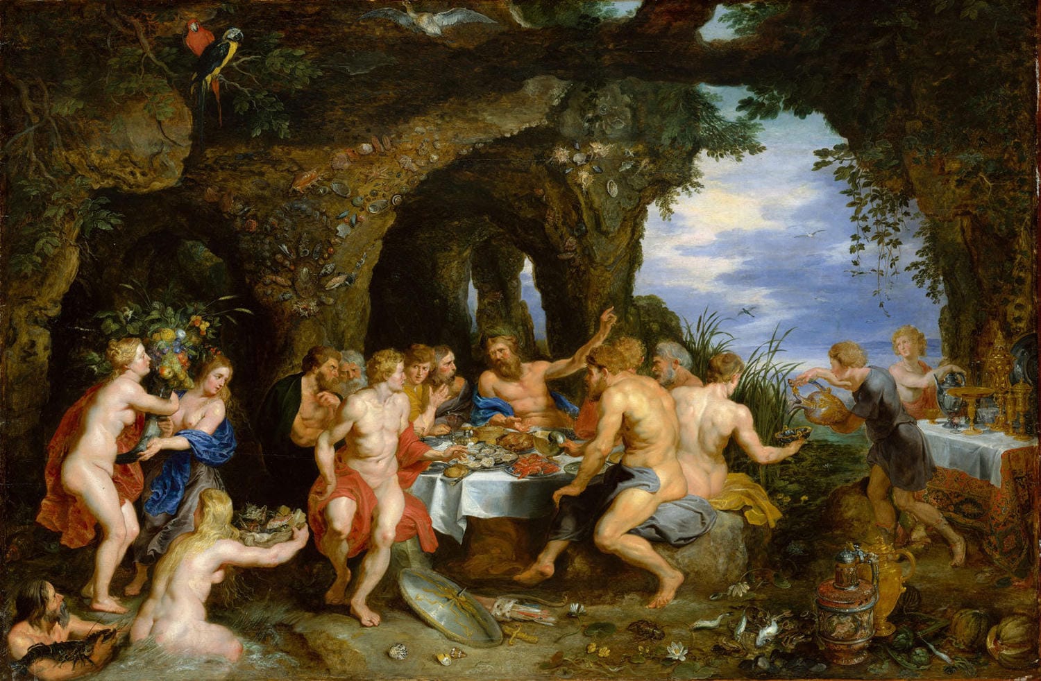 Barockes Gemälde von Peter Paul Rubens und Jan Brueghel d. Ä., das das mythologische „Fest des Achelous“ zeigt, mit lebendigen Figuren und einer üppigen Landschaft, die von Flora und Fauna umgeben ist.