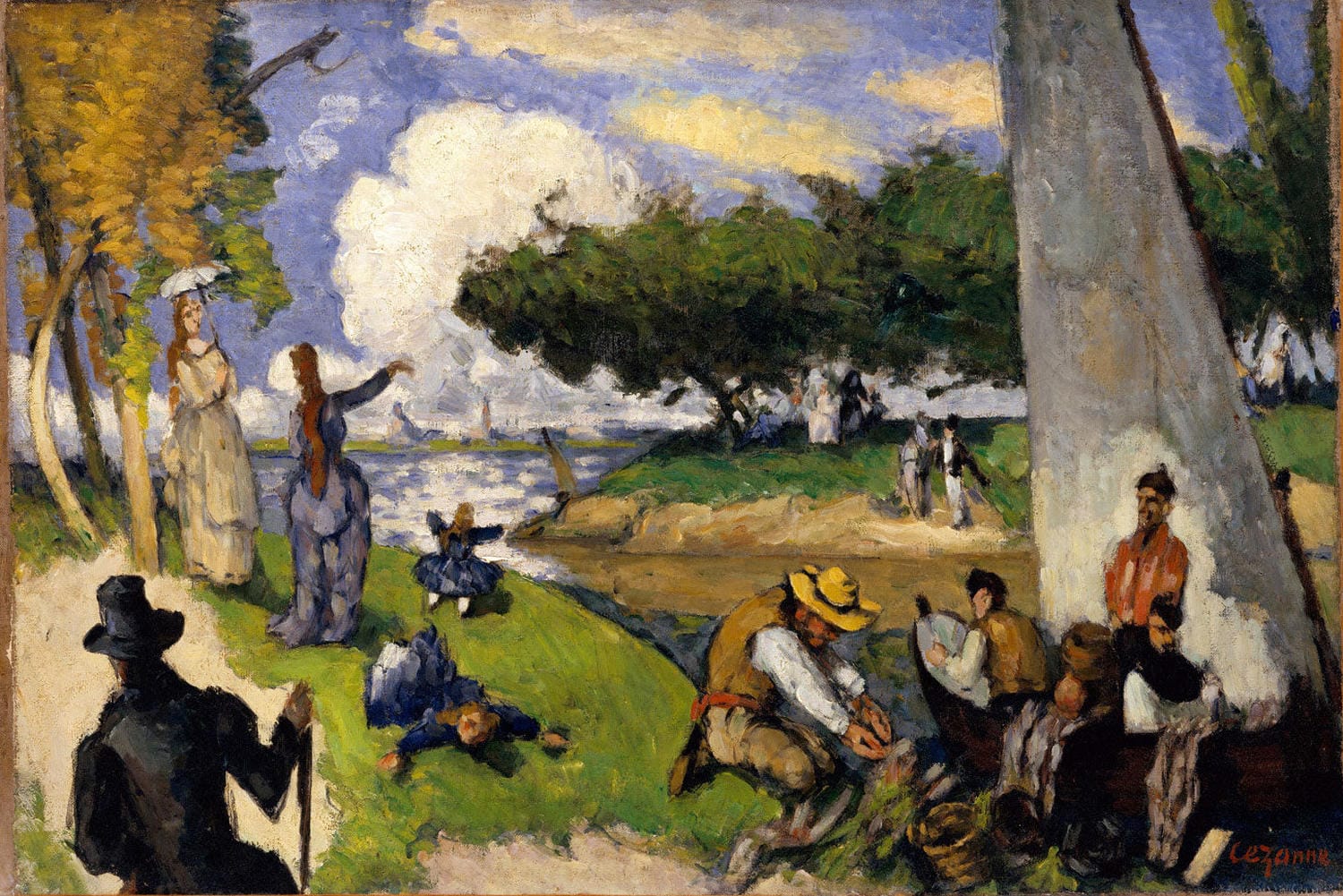 Ein surrealistisches Gemälde von Paul Cézanne, „Die Fischer (Fantastische Szene)“, zeigt Fischer in einer traumhaften Szenerie. Dynamische Formen, kräftige Farben und eine mystische Atmosphäre verschmelzen, während die Figuren und die Landschaft eine spannende Balance zwischen Realität und Fantasie schaffen.