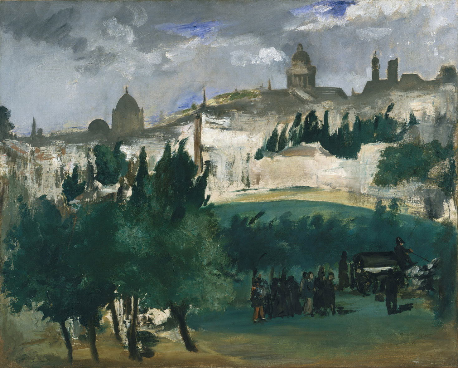 „Das Begräbnis“ von Édouard Manet zeigt eine düstere und emotionale Szene eines Trauerzuges. Die Trauergäste, in dunklen Farben gehalten, und die reduzierte Farbpalette betonen die Schwere des Moments, während der dramatische Einsatz von Licht und Schatten die traurige Atmosphäre verstärkt.
