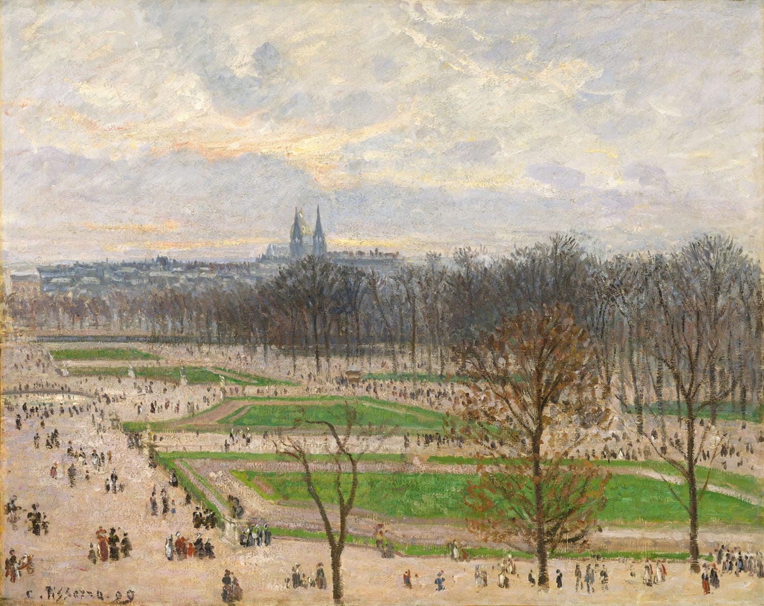 „Der Garten der Tuilerien an einem Winternachmittag“ von Camille Pissarro zeigt den ruhigen, verschneiten Tuileriegarten in Paris an einem kalten Winternachmittag. Die impressionistische Darstellung der kahlen Bäume und der schimmernden Schneedecke fängt die friedliche Atmosphäre dieses Moments ein.