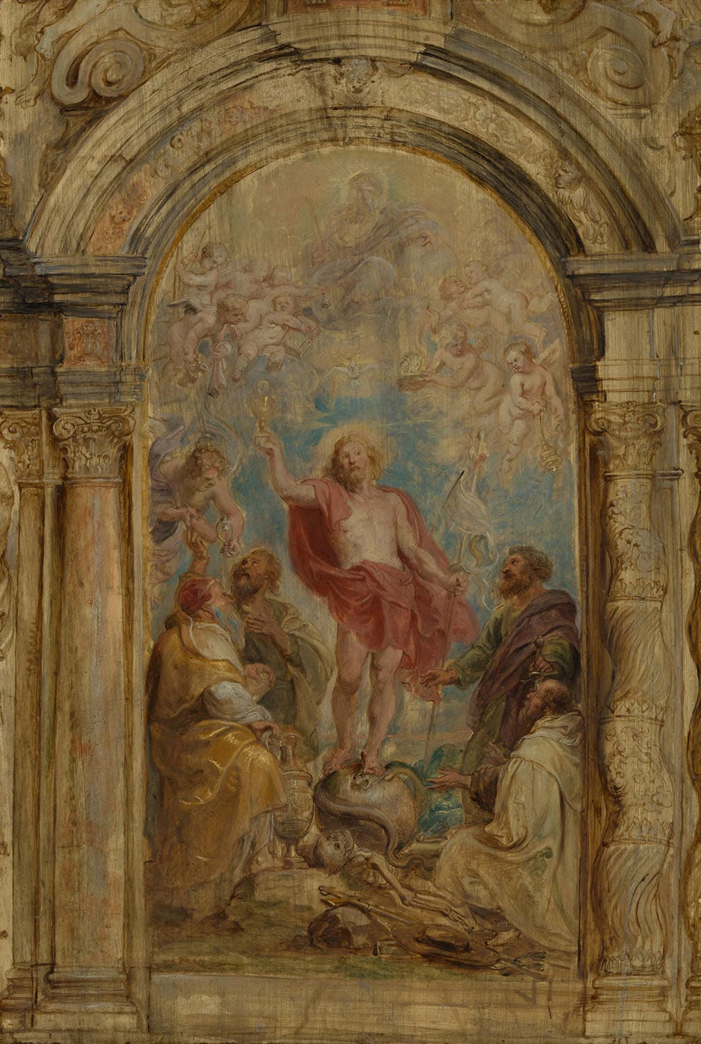 Barockes Gemälde von Peter Paul Rubens, das die Verherrlichung der Eucharistie darstellt. Engel und Heilige versammeln sich in einer dynamischen und festlichen Darstellung des göttlichen Sakraments, umgeben von leuchtenden Farben und dramatischer Bewegung.