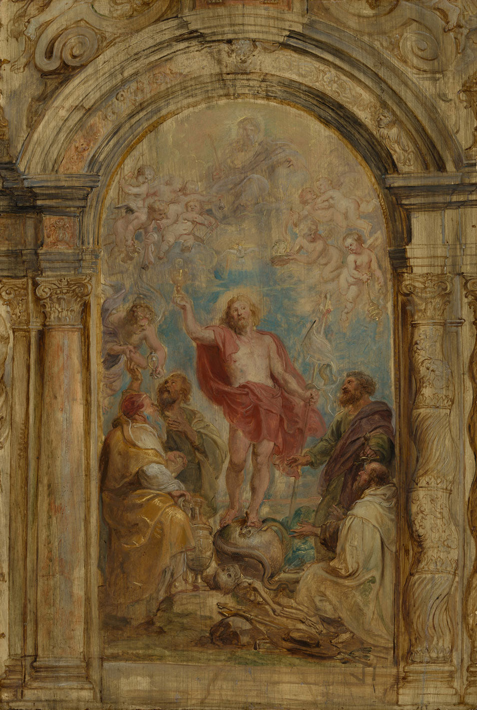 Barockes Gemälde von Peter Paul Rubens, das die Verherrlichung der Eucharistie darstellt. Engel und Heilige versammeln sich in einer dynamischen und festlichen Darstellung des göttlichen Sakraments, umgeben von leuchtenden Farben und dramatischer Bewegung.