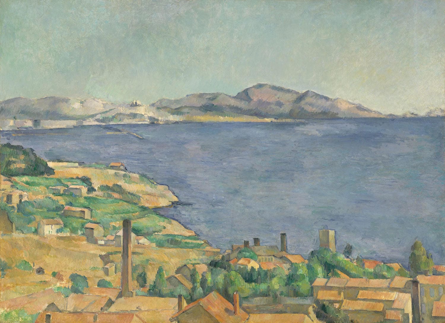 „Der Golf von Marseille von L'Estaque aus gesehen“ von Paul Cézanne zeigt eine atemberaubende Aussicht auf den Golf von Marseille von L'Estaque aus. Mit kräftigen Pinselstrichen und harmonischen Farben fängt Cézanne die ruhige Küstenlandschaft und das weite Meer in dieser malerischen Szene ein.