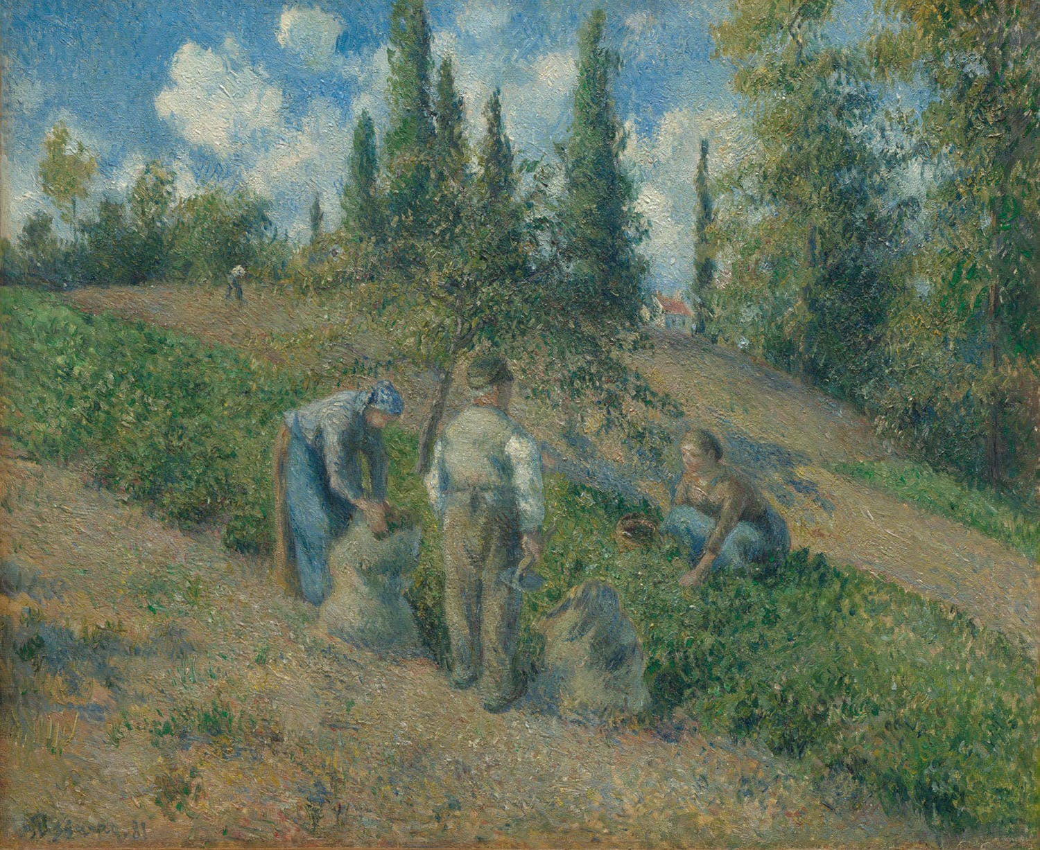 „Die Ernte, Pontoise“ von Camille Pissarro zeigt eine ländliche Ernte-Szene in der Region Pontoise. Die Impressionistische Darstellung von Bauern, die das Getreide ernten, wird durch das warme Licht und die harmonische Komposition zu einem idyllischen, lebendigen Kunstwerk.