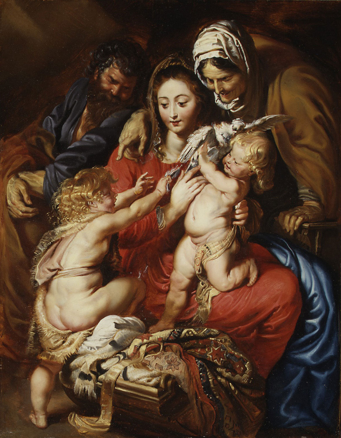Das Gemälde zeigt die Heilige Familie mit Maria, Josef und dem Jesuskind, umgeben von den Heiligen Franziskus, Anna und dem kleinen Johannes dem Täufer. Es kombiniert barocke Detailtreue und lebendige Farben, die die spirituelle Verbindung und Heiligkeit der Figuren betonen.