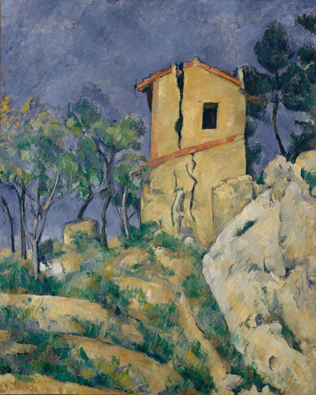 „Das Haus mit den rissigen Wänden“ von Paul Cézanne zeigt ein verfallenes Gebäude, dessen zerbrochene Wände die Spuren der Zeit widerspiegeln. Mit kräftigen Pinselstrichen und einer markanten Farbpalette vermittelt das Gemälde eine melancholische Atmosphäre und die Symbolik des Verfalls der Architektur.