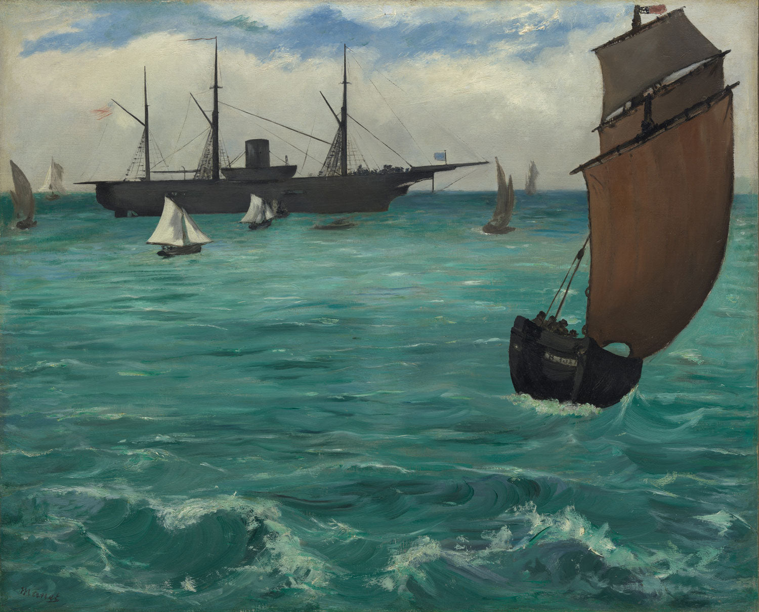 Édouard Manets „Die Kearsarge in Boulogne“ zeigt das Kriegsschiff USS Kearsarge auf bewegter See vor der Küste von Boulogne. Die dunklen Töne des Schiffes kontrastieren mit dem wolkigen Himmel und dem unruhigen Wasser, wodurch eine dynamische, maritime Atmosphäre entsteht.