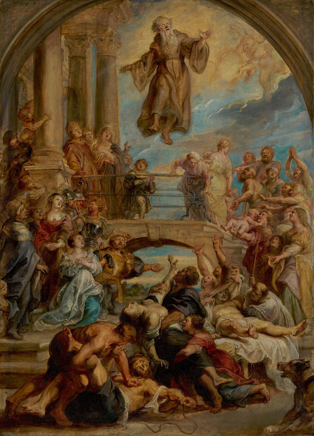Das Gemälde "Die Wunder des Heiligen Franz von Paola" von Peter Paul Rubens zeigt den heiligen Franz von Paola, umgeben von einer göttlichen Szenerie, in der er seine wundersamen Taten vollbringt. Das Werk ist geprägt von lebendigen Farben und dramatischen Bewegungen, die die spirituelle Intensität der Szene unterstreichen.
