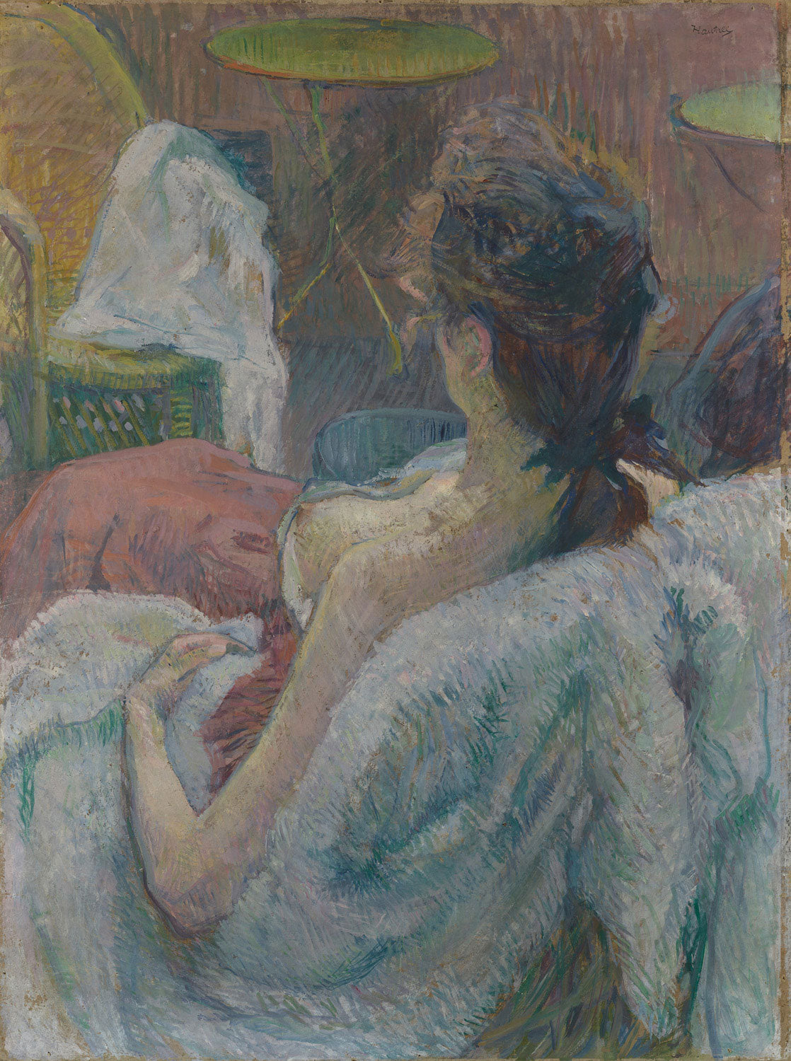 Das Gemälde "Das Modell ruht" von Henri de Toulouse-Lautrec zeigt ein Künstlermodell in einem ruhigen Moment zwischen den Malersitzungen. Die Figur ist in sanften Linien und subtilen Licht- und Schattenspielen dargestellt, was ihre natürliche Eleganz und Zerbrechlichkeit betont.