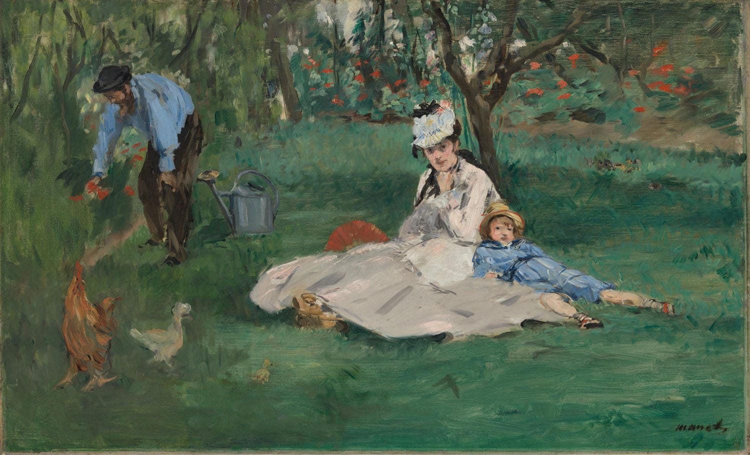 „Die Familie Monet in ihrem Garten in Argenteuil“ von Édouard Manet zeigt Claude Monet mit seiner Frau Camille und ihrem Sohn Jean in einem lebendigen Garten. Das Gemälde fängt eine intime, sommerliche Szene ein, mit sanften Farben und lockeren Pinselstrichen, die die Atmosphäre des Impressionismus widerspiegeln.