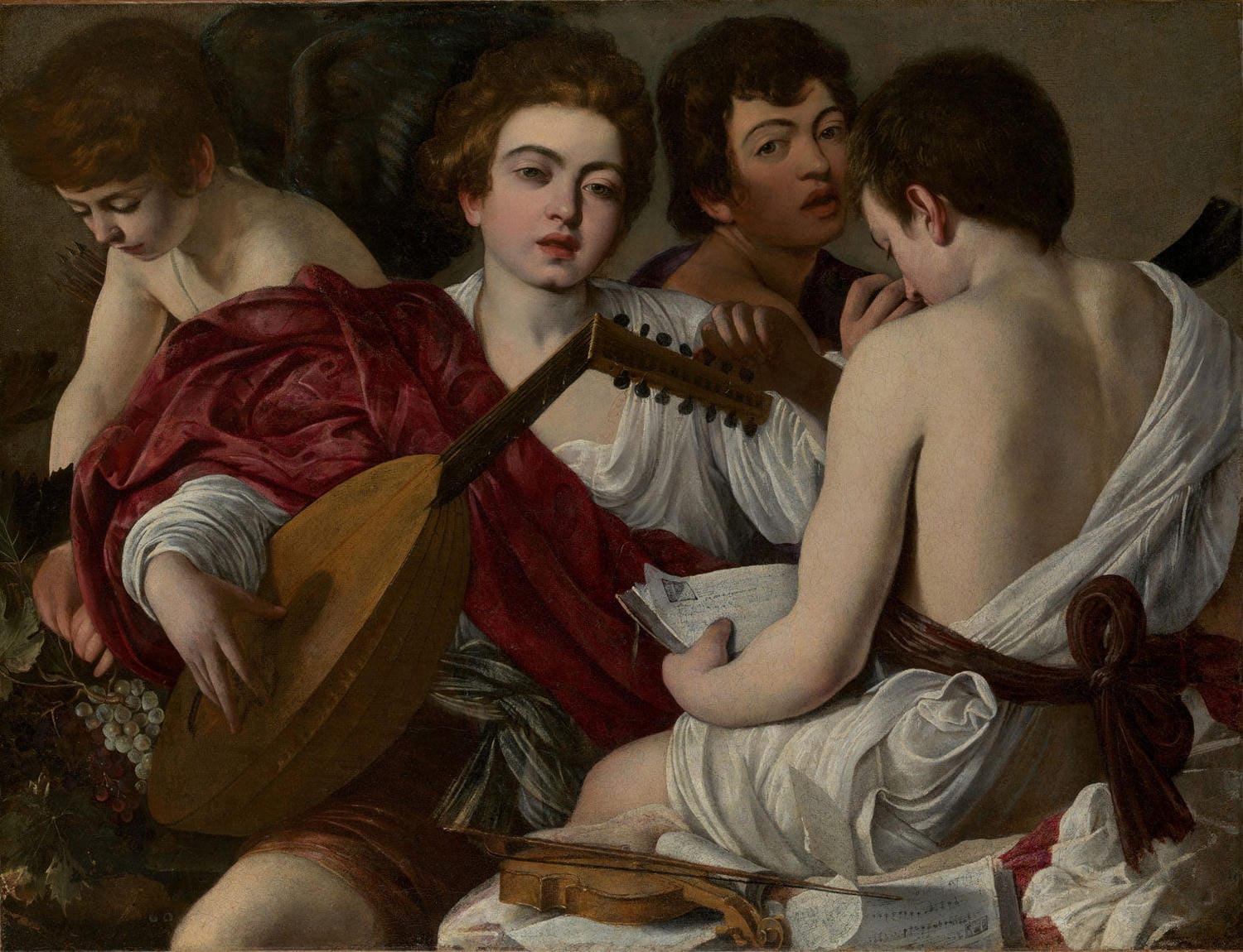 „Die Musiker“ von Michelangelo Caravaggio zeigt eine Gruppe junger Musiker, die mit lebendigen Farben und Hell-Dunkel-Kontrasten dargestellt werden. Die detaillierte Darstellung und emotionale Ausdruckskraft der Figuren vermitteln eine dramatische Atmosphäre, die die Musikalität und Jugend einfängt.