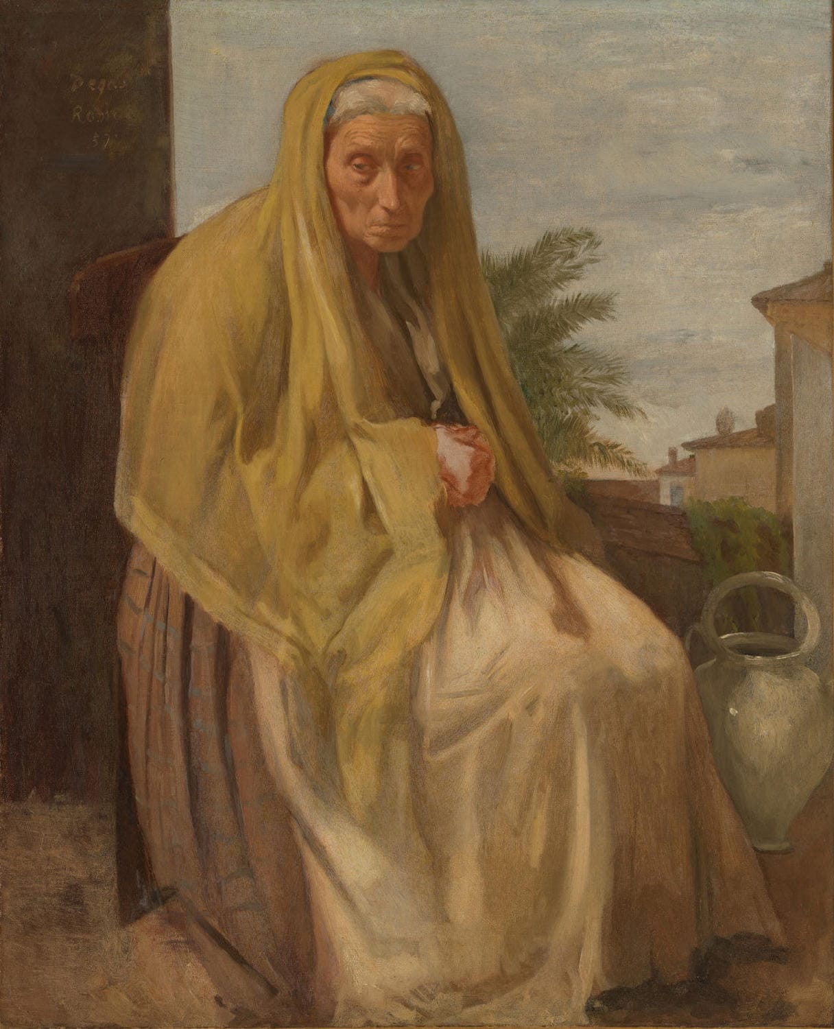 „Die alte Italienerin“ von Edgar Degas zeigt das Porträt einer älteren italienischen Frau. Die fein ausgearbeiteten Details und die lebendige Darstellung von Licht und Schatten verleihen der Figur Ausdruck und Tiefe, was das Werk zu einem Meisterstück der Porträtmalerei macht.