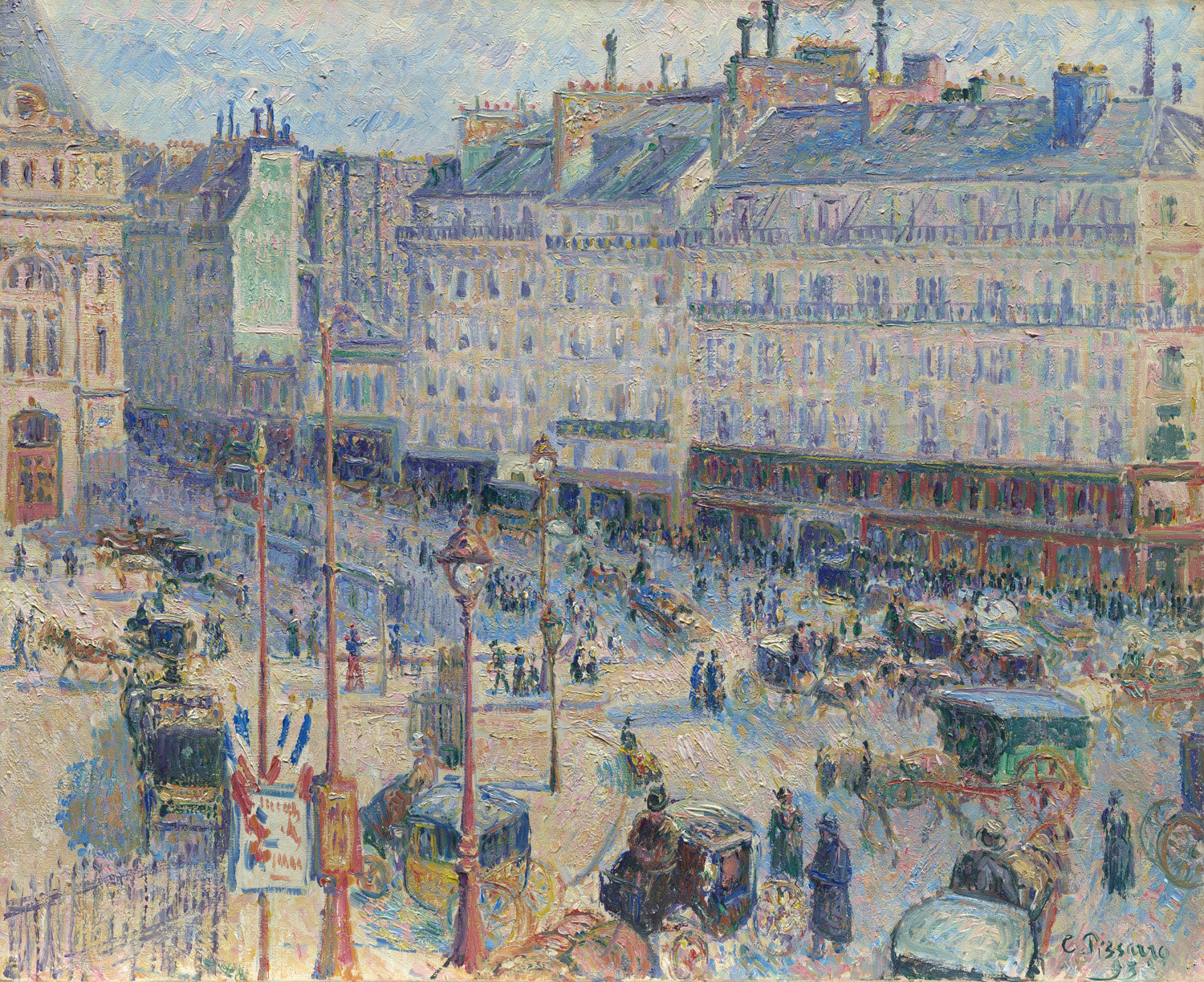 Impressionistisches Gemälde des Place du Havre in Paris von Camille Pissarro, das die geschäftige Szene mit Pferdekutschen, Fußgängern und urbaner Architektur zeigt.