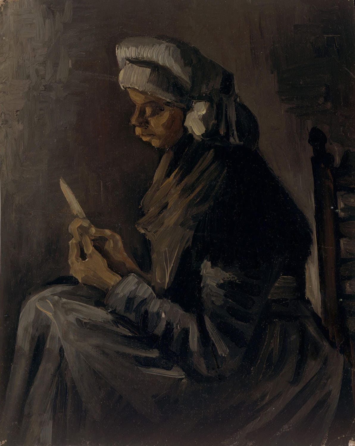 Frau beim Kartoffelschälen mit Rückseite eines Selbstporträts von Vincent van Gogh, gemalt 1887, im postimpressionistischen Stil.