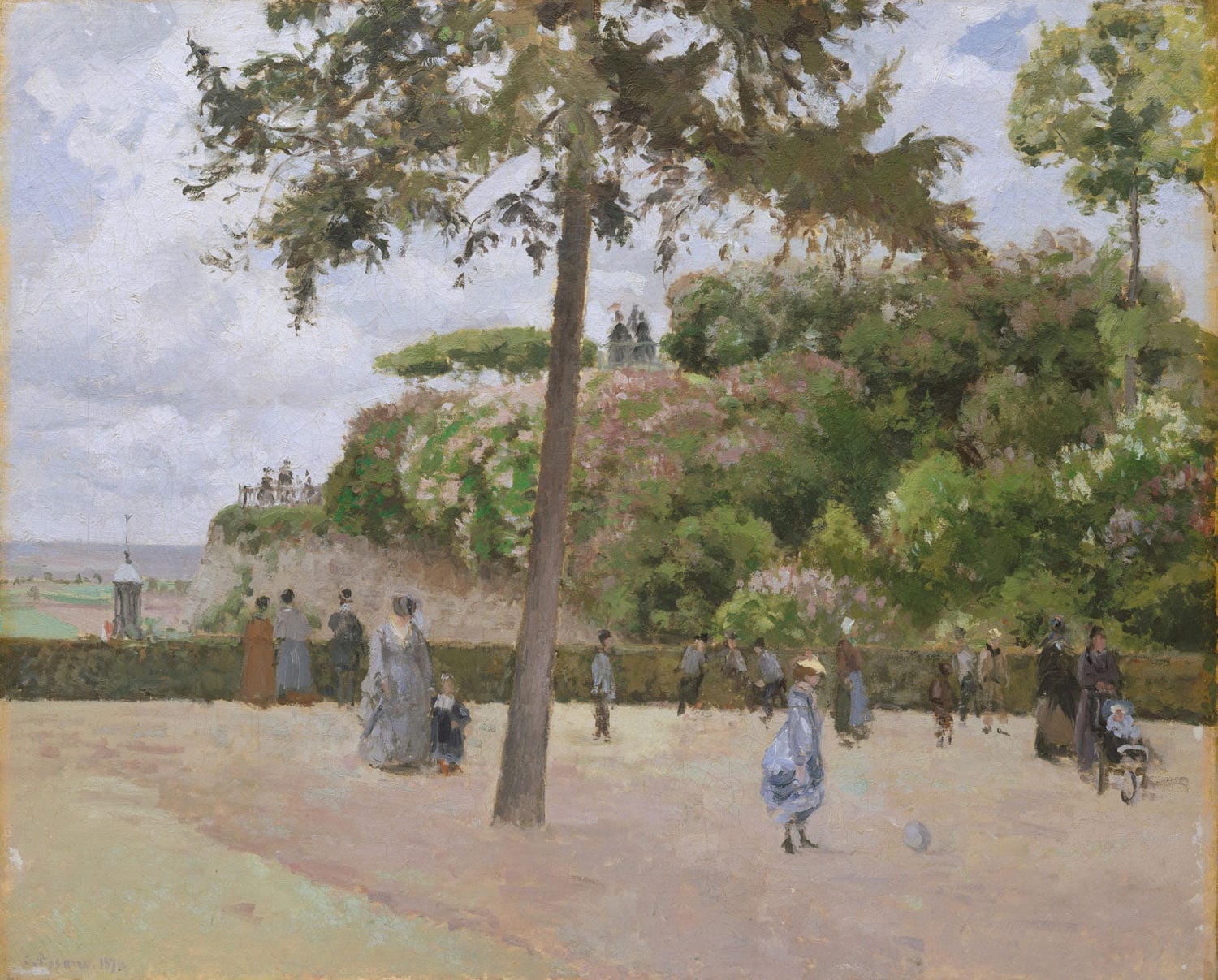 „Der öffentliche Garten in Pontoise“ von Camille Pissarro zeigt eine friedliche Gartenszene im Impressionismus-Stil. Der Park ist von Licht durchflutet, Spaziergänger genießen den Tag, und die Natur erstrahlt in sanften Grüntönen. Eine harmonische Darstellung von Ruhe und Leben.