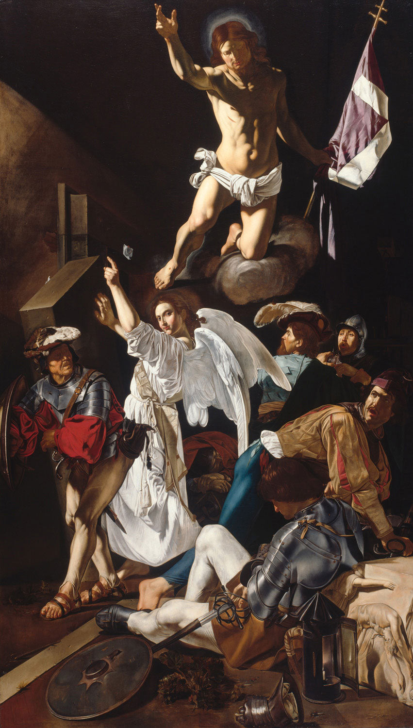Caravaggios „Die Auferstehung“ zeigt Christus, der aus dem Grab emporsteigt, umgeben von erstaunten Soldaten und Zeugen. Das dramatische Spiel von Licht und Schatten (Chiaroscuro) betont die göttliche und physische Intensität des Moments.