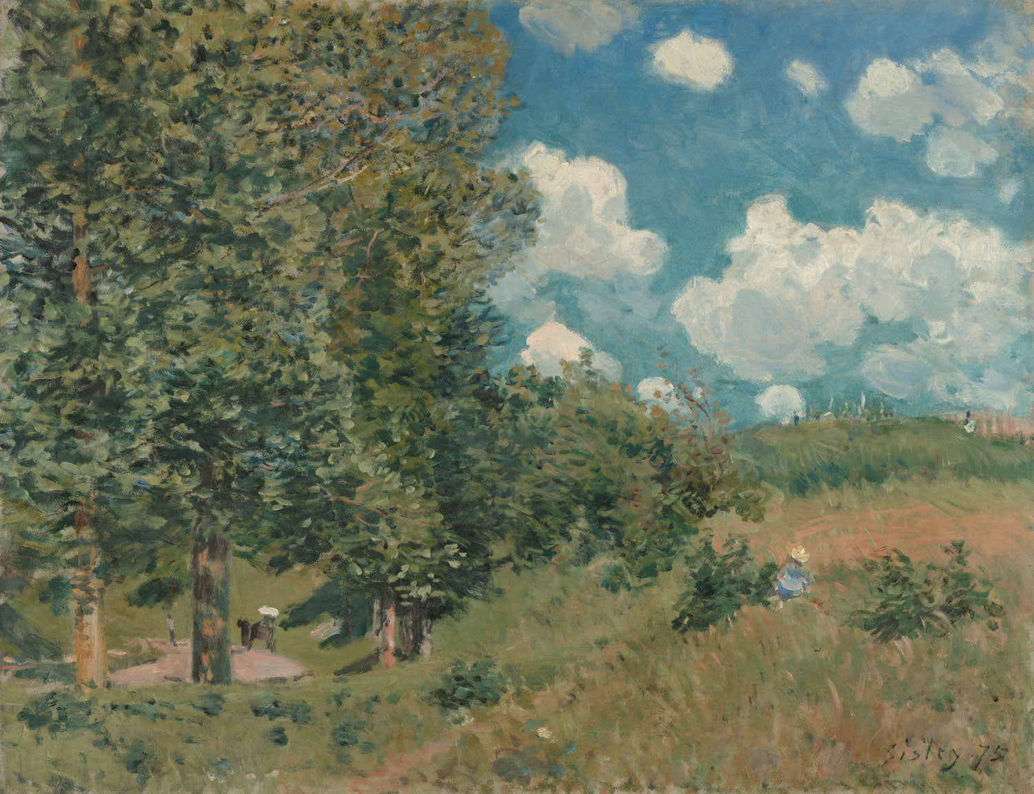 Das Gemälde "Die Straße von Versailles nach Saint-Germain" von Alfred Sisley zeigt eine ländliche Straße, gesäumt von Bäumen, in sanften Farben und Lichtnuancen. Die impressionistische Darstellung vermittelt eine ruhige, friedliche Atmosphäre der französischen Landschaft.