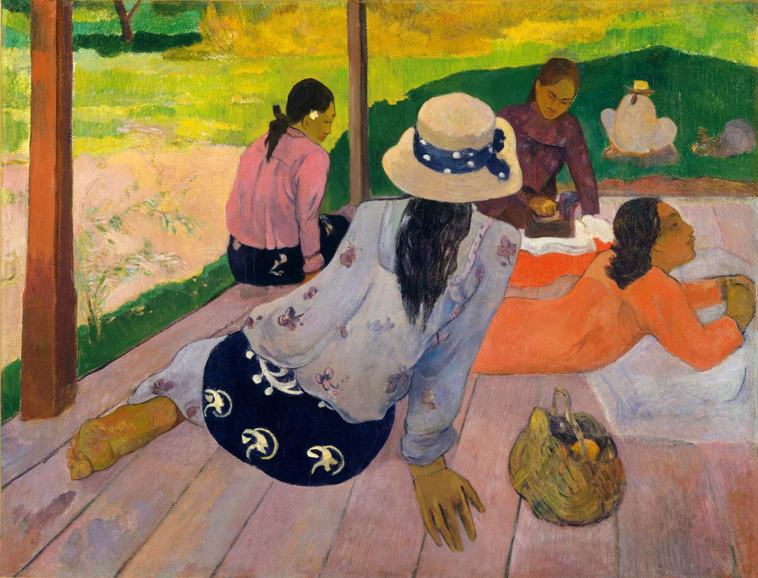 „Tahiti: Siesta“ von Paul Gauguin zeigt zwei Tahitianerinnen, die in der Mittagsruhe in einer tropischen Landschaft entspannen. Das Gemälde besticht durch kräftige Farben, sanfte Linien und eine ruhige, exotische Atmosphäre, die das einfache Leben der Einheimischen auf Tahiti einfängt.