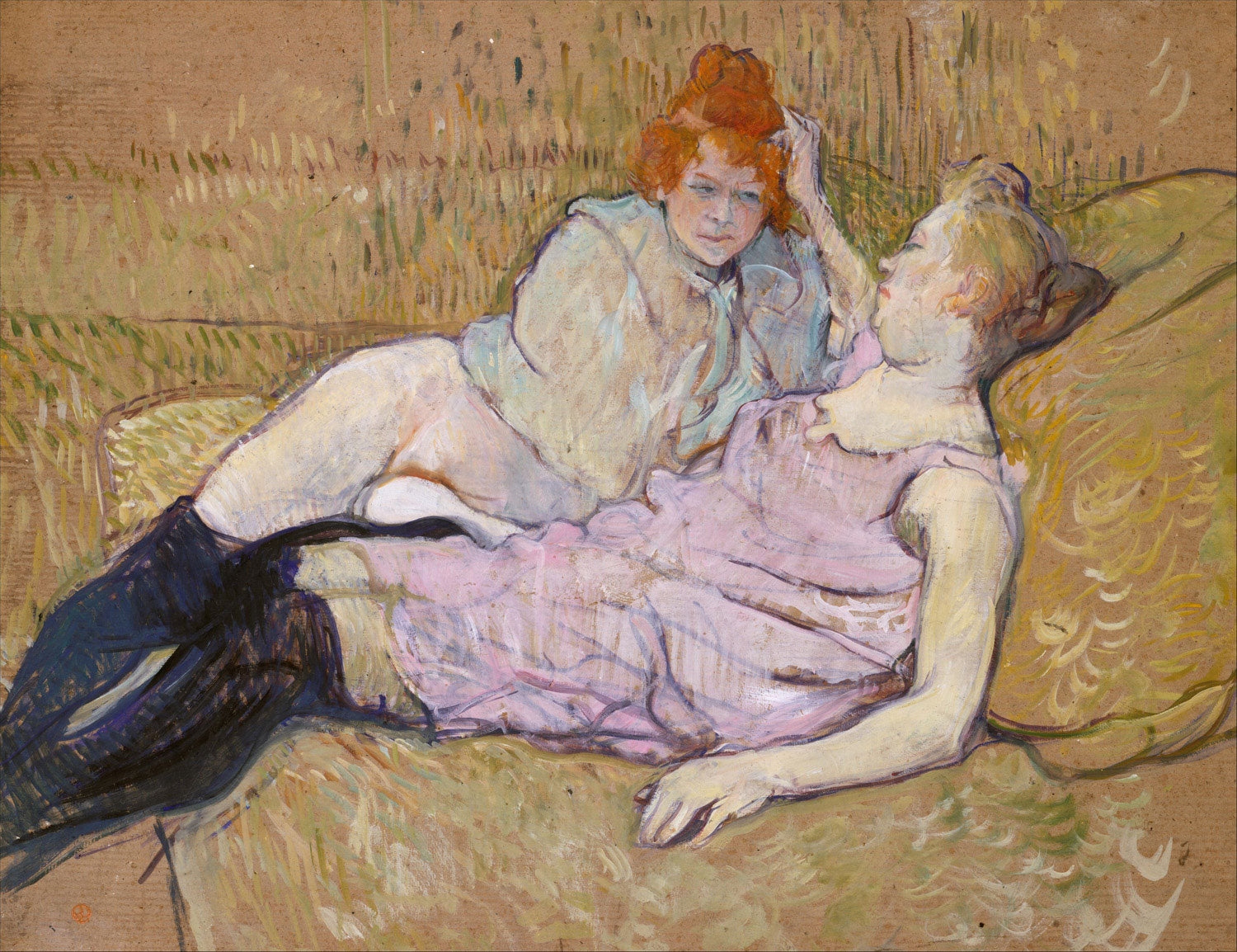 Gemälde von Henri de Toulouse-Lautrec: Zwei Frauen auf einem Sofa, dargestellt in weichen Farben und intimer Atmosphäre, im Querformat.