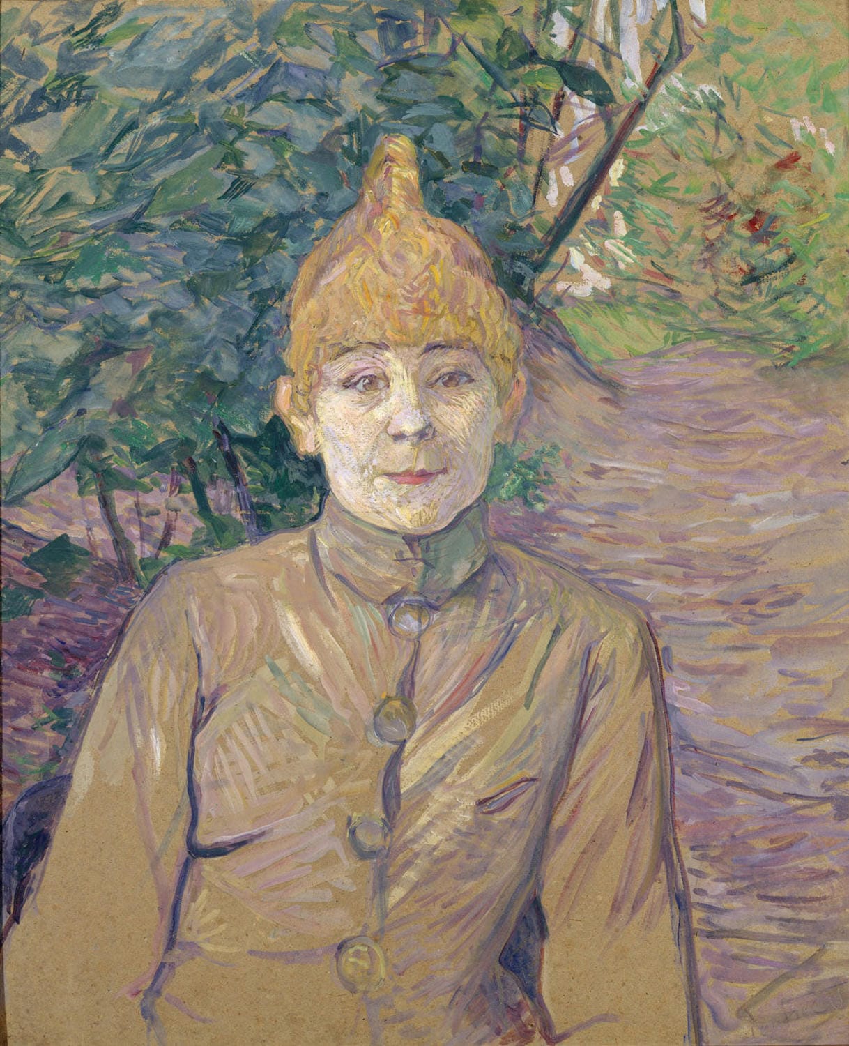 Gemälde von Henri de Toulouse-Lautrec: Die Straßenlaterne, eine junge Frau in den nächtlichen Straßen von Paris, dargestellt in kräftigen Farben und minimalistischem Stil.