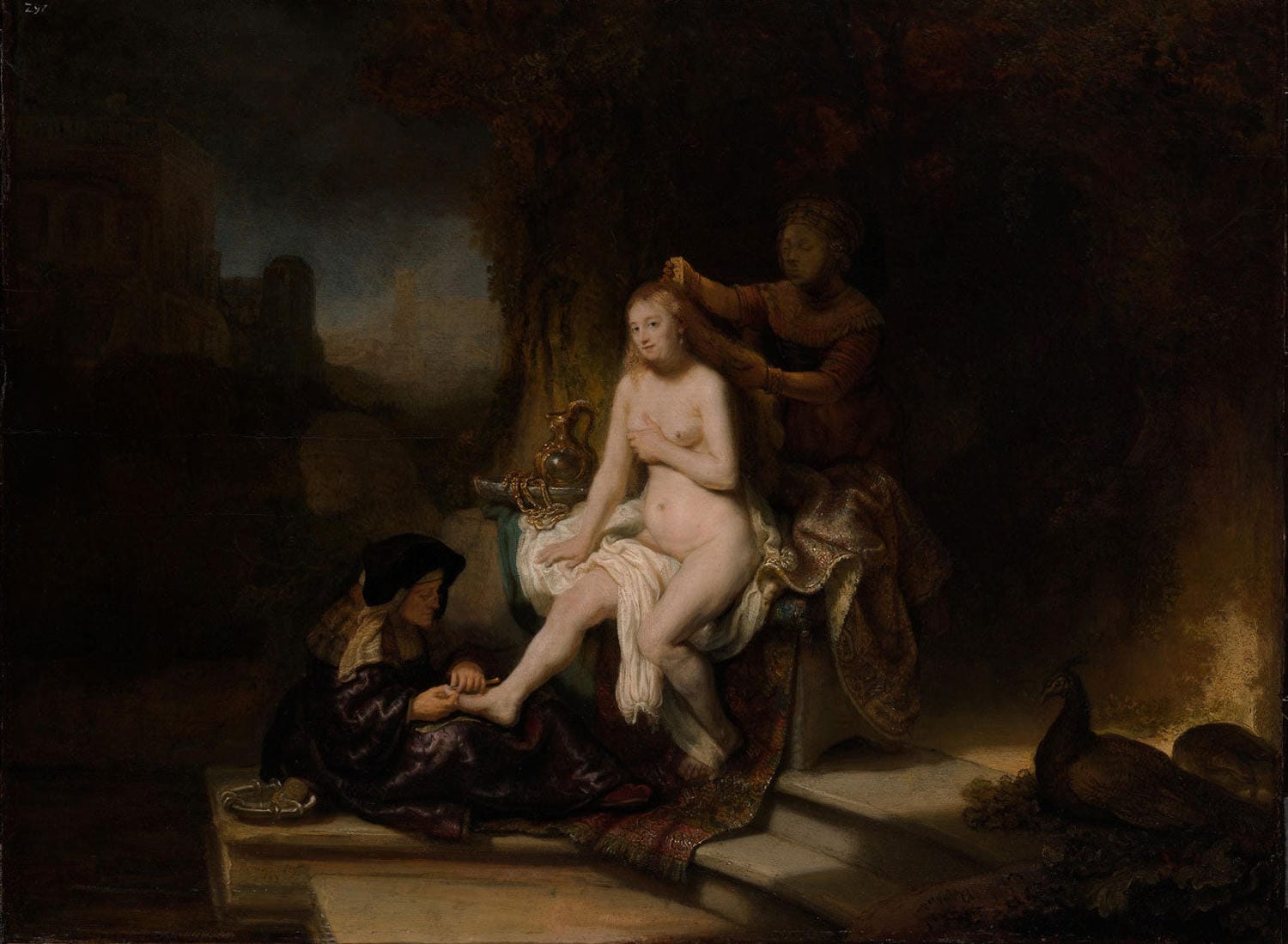 Die Toilette der Batseba, gemalt von Rembrandt van Rijn, zeigt eine biblische Szene mit warmen Brauntönen, goldenen Akzenten und einem dramatischen Licht-Schatten-Spiel.