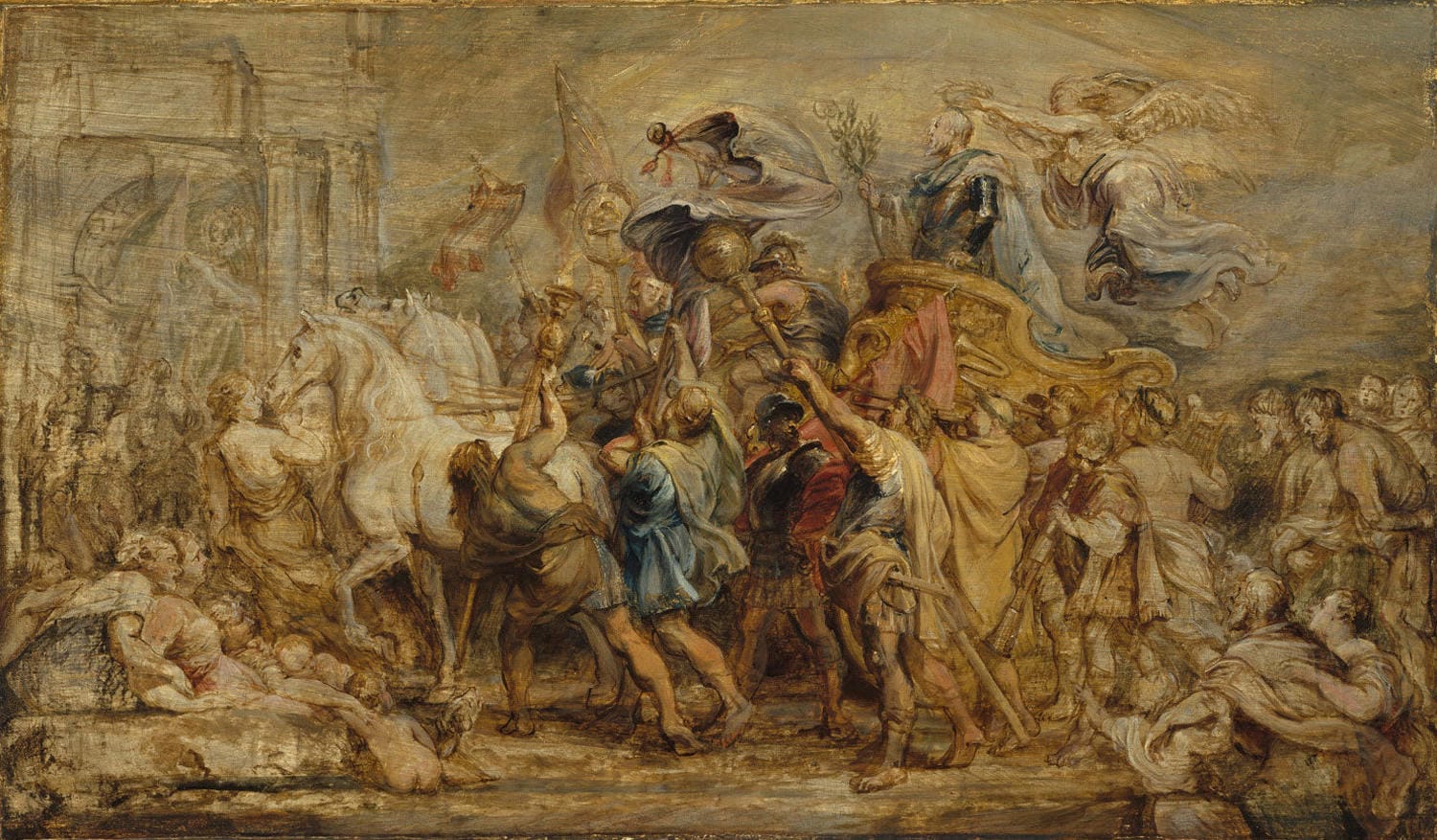 Dynamisches Barockgemälde von Peter Paul Rubens, das den Triumph von Heinrich IV. zeigt. Der König wird heroisch dargestellt, umgeben von allegorischen Figuren, die seine Tugenden und Erfolge verherrlichen.