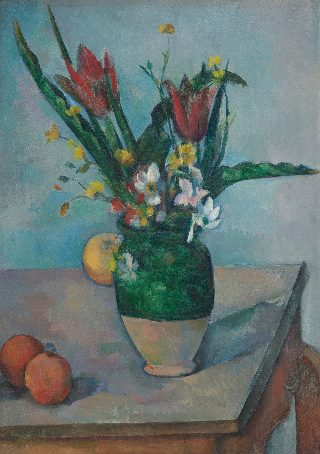 Das Gemälde "Die Vase mit Tulpen" von Paul Cézanne zeigt eine Vase mit bunten Tulpen, die in kräftigen Farben und organischen Formen dargestellt sind. Die Blumen und die Vase sind in einer harmonischen Komposition arrangiert, wobei die Pinselstriche sichtbar und dynamisch sind, was dem Werk eine lebendige, zugleich strukturierte Ausstrahlung verleiht.