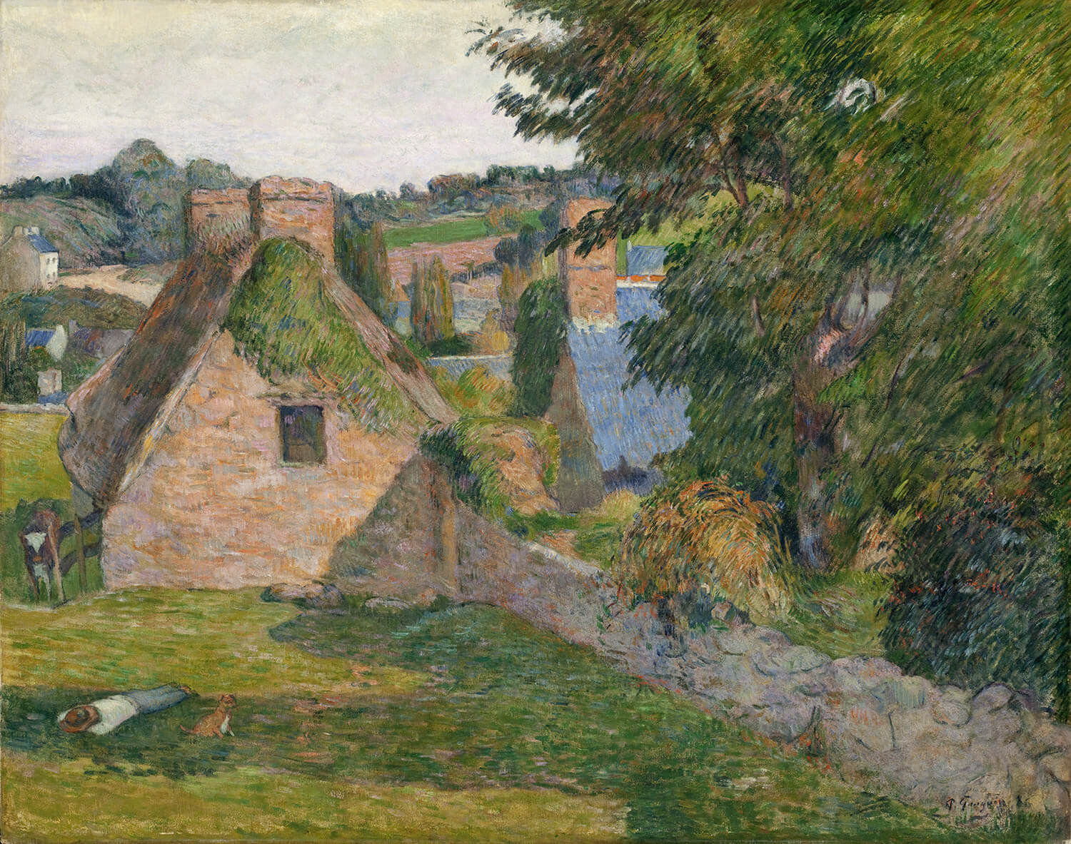 
Das Feld von Derout-Lollichon von Paul Gauguin, postimpressionistisches Gemälde mit stimmungsvoller Darstellung einer ländlichen Landschaft und der Harmonie von Mensch und Natur.