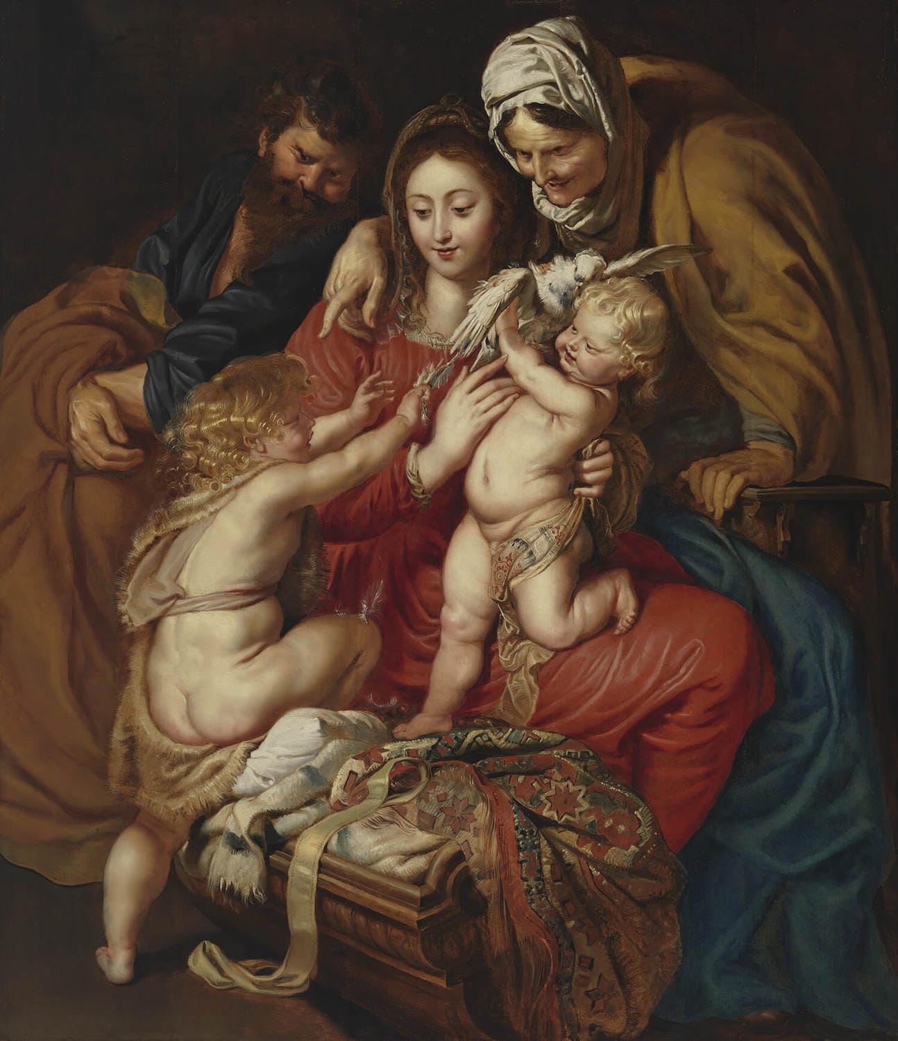 Das Gemälde „Die Heilige Familie mit der Heiligen Elisabeth, dem Heiligen Johannes und einer Taube“ von Peter Paul Rubens zeigt die Heilige Familie in einer idyllischen Szene, umgeben von St. Elizabeth, dem heiligen Johannes und einer Taube. Mit seiner lebendigen Farbgebung und detaillierten Darstellung fängt Rubens die Spiritualität und Harmonie des biblischen Moments meisterhaft ein.
