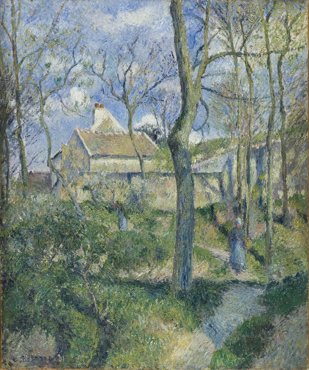 Das Gemälde „The Path to les Pouilleux“ von Camille Pissarro zeigt einen malerischen Weg, der von Bäumen gesäumt ist. Der sanfte Pfad führt durch eine ländliche Landschaft, während das Licht durch das Blätterdach bricht und eine friedliche Atmosphäre schafft. Die Szene spiegelt Pissarros typische Impressionismus-Technik wider.