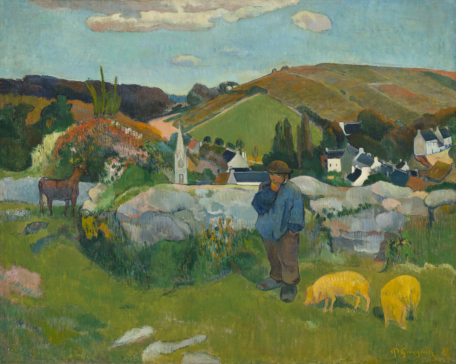 Der Schweinehirt von Paul Gauguin, postimpressionistisches Gemälde mit symbolischer Darstellung des ländlichen Lebens und der Harmonie zwischen Mensch und Natur.