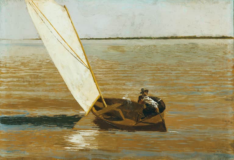 Kunstdruck des Gemäldes Segeln von Thomas Eakins mit Segelbooten auf ruhigem Wasser und stimmungsvoller Landschaft.