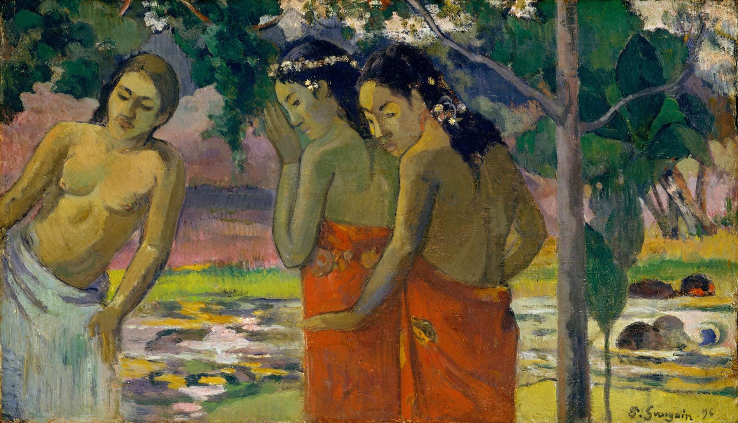„Drei tahitianische Frauen“ von Paul Gauguin zeigt drei polynesische Frauen in traditioneller Kleidung, die in einer tropischen Landschaft zusammen sind. Mit kräftigen Farben und einer ruhigen Komposition fängt das Gemälde die Harmonie zwischen Mensch und Natur sowie die Exotik Polynesiens ein.