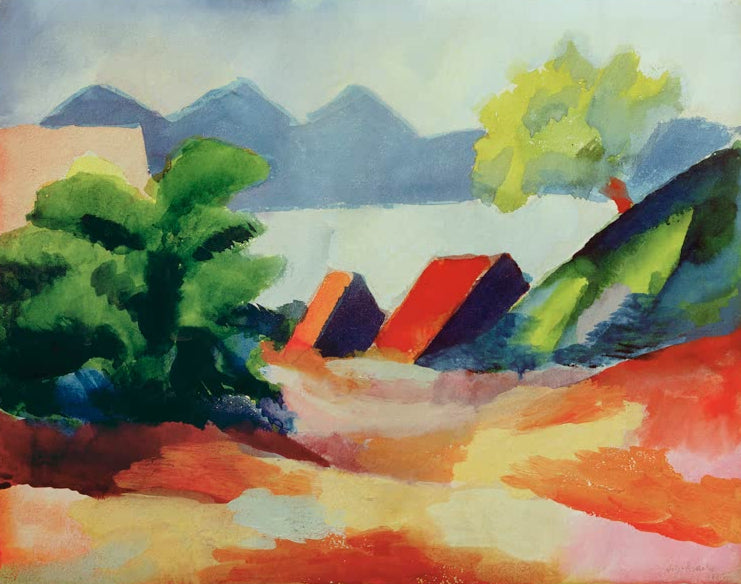 Kunstdruck des Gemäldes „Am Thuner See I“ von August Macke. Hochwertig in Deutschland von Hand gefertigt, erhältlich als Poster oder Leinwand und optional gerahmt.