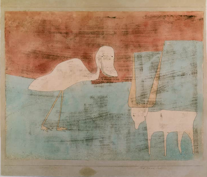 Kunstdruck von „Tierfreundschaft“ von Paul Klee mit fantasievoller Tierdarstellung und charakteristischen abstrakten Formen.