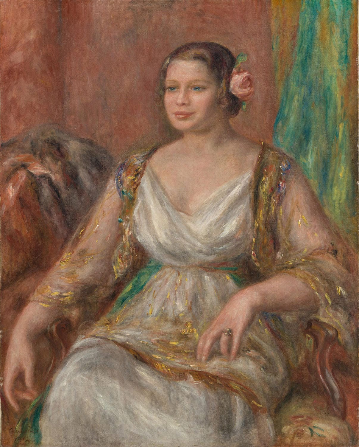 Das Gemälde „Tilla Durieux (Ottilie Godeffroy, 1880–1971)“ von Pierre-Auguste Renoir zeigt die elegante Schauspielerin Tilla Durieux in einem lebendigeren, impressionistischen Stil. Renoir fängt ihre Persönlichkeit und Anmut mit sanften Farbnuancen und einer meisterhaften Darstellung von Licht und Schatten ein.
