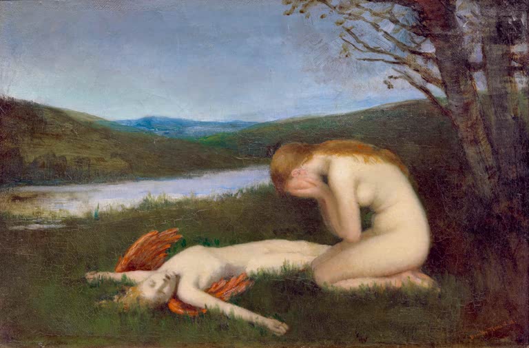 Kunstdruck von „Tod der Liebe“ von Dorothy Tennant mit allegorischer Darstellung von Liebe, Schmerz und viktorianischer Symbolik