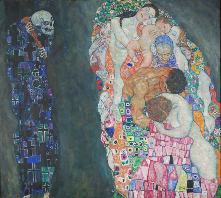 Kunstdruck von „Tod und Leben“ von Gustav Klimt mit symbolistischer Komposition und ausdrucksstarker Farbgestaltung. In Deutschland von Hand gefertigt, als Leinwand oder Poster erhältlich.