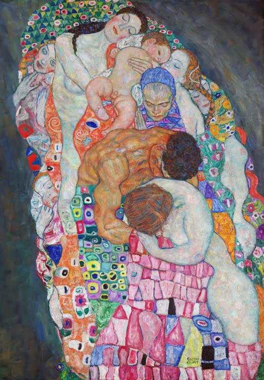 Kunstdruck von „Tod und Leben“ von Gustav Klimt mit symbolistischer Komposition, leuchtenden Farben und detailreicher Ornamentik. In Deutschland von Hand gefertigt.