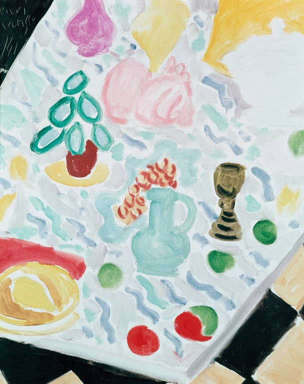 Kunstdruck des Gemäldes „Töpferwaren und Gläser auf dem Marmortisch“ von Henri Matisse, als Poster oder Leinwand erhältlich, auf Wunsch gerahmt, in Deutschland per Hand gefertigt.