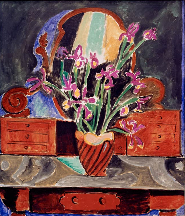 Kunstdruck „Topf mit Iris“ von Henri Matisse mit farbenfroher Darstellung eines Blumenstilllebens