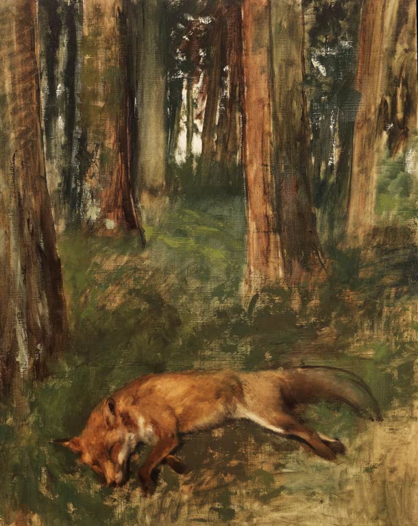 Kunstdruck des Gemäldes Toter Fuchs im Unterholz von Edgar Degas mit einem toten Fuchs in einer natürlichen Waldszene.